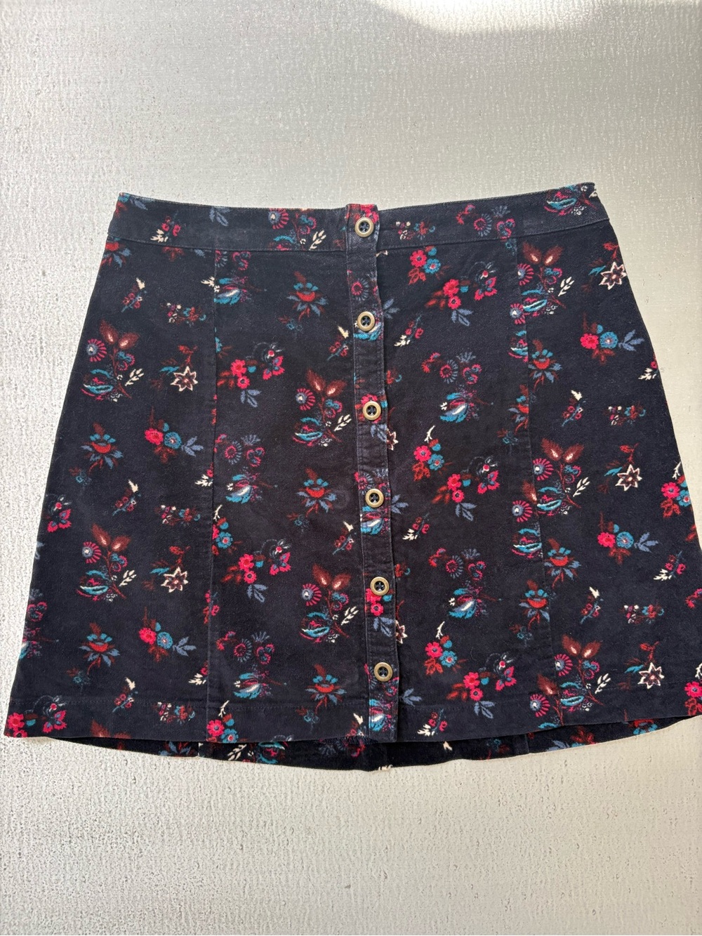 Hollister Black Corduroy Button-Front Mini Skirt with Red & Blue Floral Print